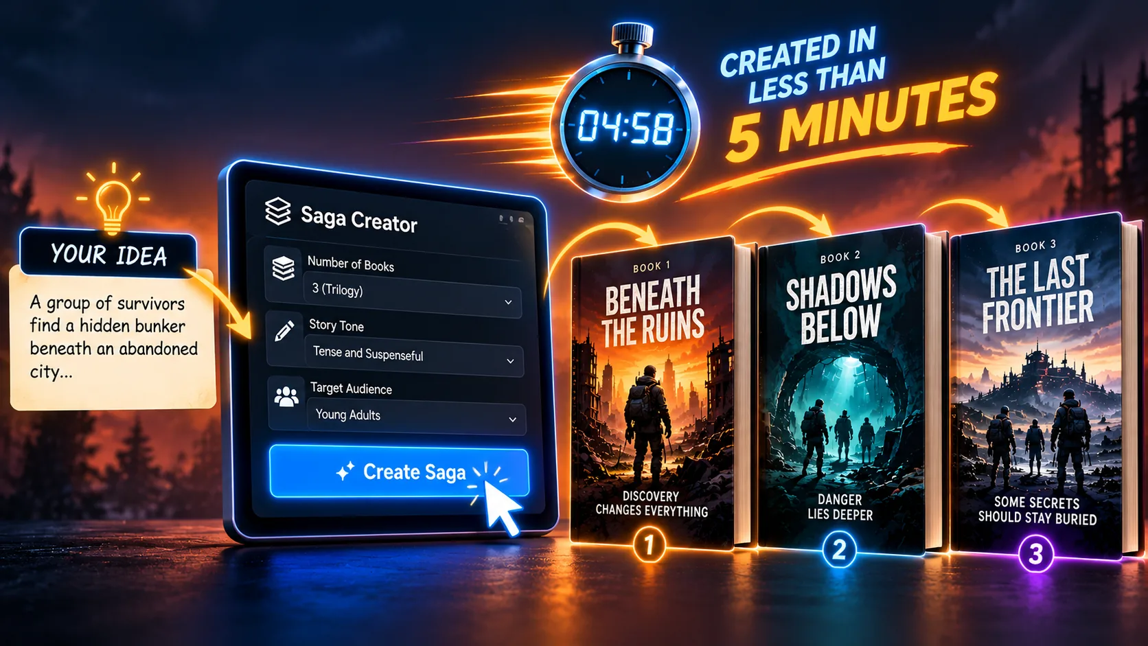 From one survival story idea to a connected trilogy, with a five-minute creative workflow illustration