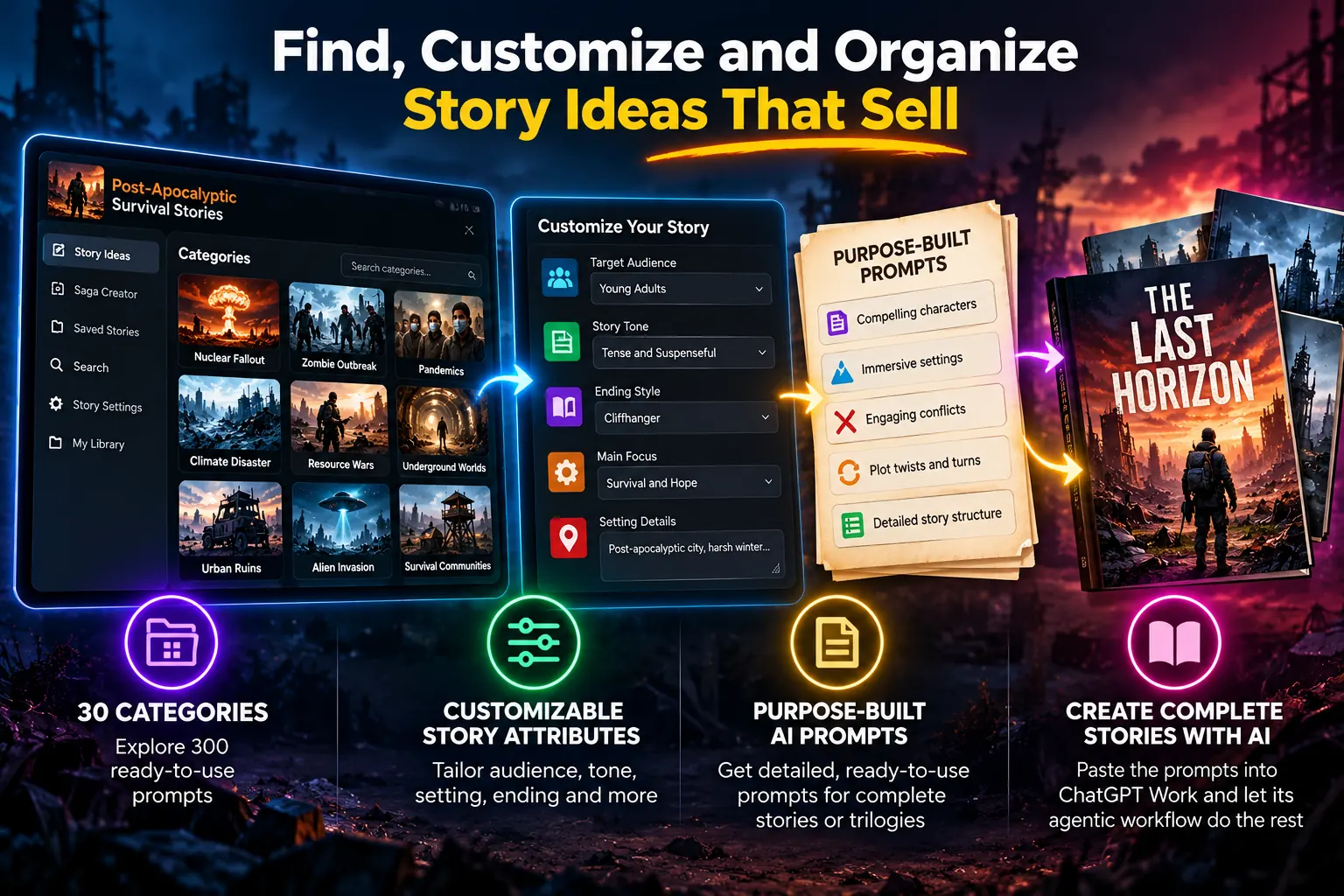 Visual overview of the app's guided story creation workflow